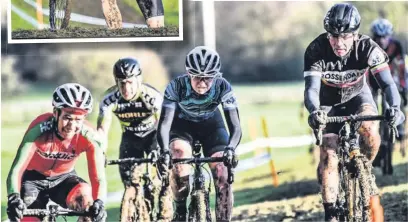  ??  ?? ●● Mike Taylor on the right, holding off a chasing posse; top: Tom Black enjoying his first ever ride at ‘cross’ and, inset: Tony Bowler cresting the steepest climb, demonstrat­ing how tough this race was