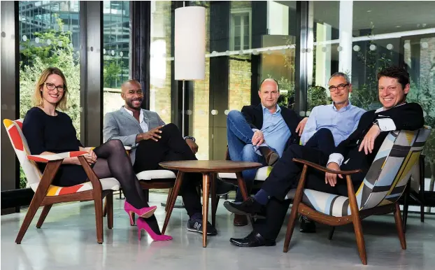  ??  ?? Mullenlowe’s senior management team (l-r): Arden, Myers-lamptey, Knox, Sokoloff and Gall. The past three years have been a rollercoas­ter ride for the London group