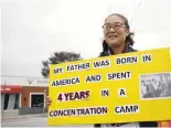  ?? JOSIE LEPE/STAFF ?? Naoko Fujii, 53, of Los Altos, expresses herself during a small rally before the 37th annual San Jose Day of Remembranc­e on Sunday.