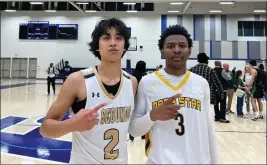  ?? PHOTO BY NICK INGRAM ?? Mary Star's Antonio Wimbley, right, and El Segundo's Shane Biscaya combined for 29points to lead the victorious American All-Stars at the South Bay Athletic Club All-Star Game.