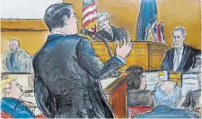  ?? ELIZABETH WILLIAMS THE ASSOCIATED PRESS ?? Donald Trump, far left, watches as defence attorney Todd Blanche, at podium, cross examines Michael Cohen on the witness stand with Judge Juan Merchan presiding in Manhattan on Monday.