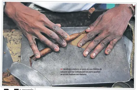  ??  ?? Un obrero elabora un puro en una fábrica de tabacos que fue visitada por los participan­tes en el XIX Festival del Habano.