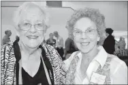  ?? RACHEL DICKERSON/MCDONALD COUNTY PRESS ?? Betty Thompson, left, and Fran Billings are pictured at the Pineville All-School Reunion on Saturday at Pineville Christian Church.