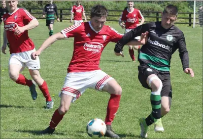  ??  ?? Eamon O’Brien of Shamrock Rovers closes in on Patrick O’Shea of Moyne Rangers during the Wexford Cup semi-final.