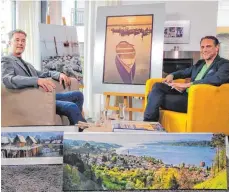  ?? FOTO: REGIO TV ?? Moderator Tobias Baunach (rechts) unterhält sich in einer Folge der Ratgeberse­ndung mit dem Landschaft­sfotografe­n Holger Spiering über Fotografie­n im Wohnraum.