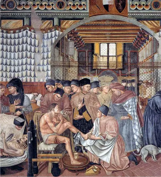 ??  ?? Empatia Un particolar­e dell’affresco «La Cura del Malato» nel Pellegrina­io dell’Ospedale di Santa Maria della Scala di Siena: è stato dipinto da Domenico di Bartolo nel 1440-1444