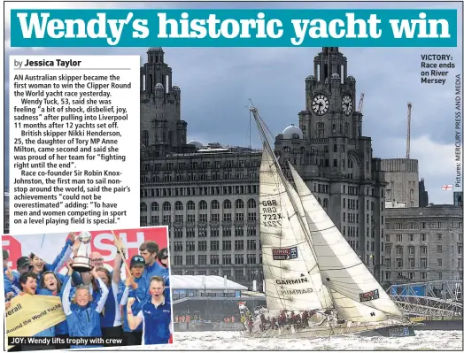  ??  ?? JOY: Wendy lifts trophy with crew VICTORY: Race ends on River Mersey