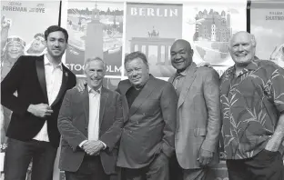  ?? Associated Press ?? Jeff Dye, from left, Henry Winkler, William Shatner, George Foreman and Terry Bradshaw, cast members in the NBC reality series "Better Late Than Never," pose together at NBCUnivers­al Studios in Universal City, Calif.