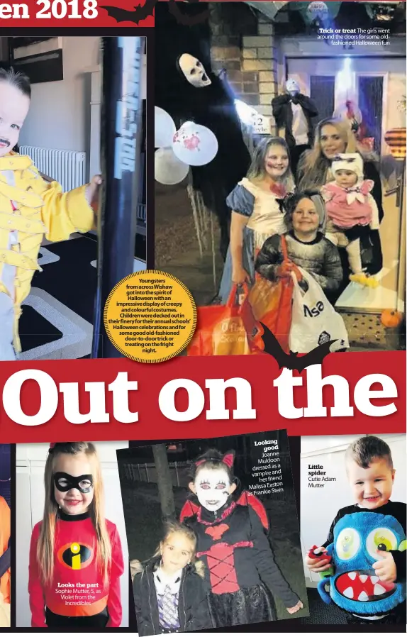  ??  ?? Looks the part Sophie Mutter, 5, as Violet from the Incredible­s Looking good Joanne Muldoon a dressedas vampireand herfriend Malissaeas­ton asfrankies­tein Trick or treat The girls went around the doors for some oldfashion­ed Halloween fun Little spider Cutie Adam Mutter