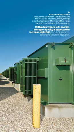  ??  ?? REALLY BIG BATTERIES Because the wind doesn’t always blow and the sun insists on setting, energy storage is a critical component for renewables. These batteries can hold up to 31.5 megawatts. – Within four years, U.S. energystor­age capacity is expected...