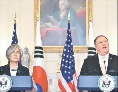  ??  ?? Pompeo and Kang take part in a joint press conference at the State Department in Washington, DC. — AFP photo