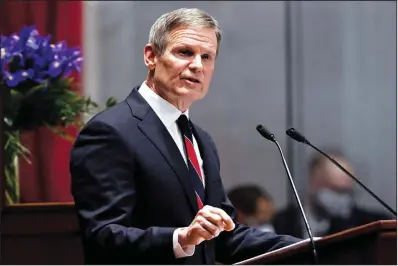  ?? (File Photo/ap/mark Zaleski) ?? Tennessee Gov. Bill Lee delivers his State of the State address Jan. 31 in the House Chamber of the Capitol building in Nashville, Tenn. Stories circulatin­g online incorrectl­y claim newly signed legislatio­n in Tennessee “banned Plan B and made it a crime punishable by a $50,000 fine to order it.”