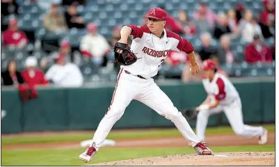  ?? NWA Democrat-Gazette/J.T. WAMPLER ?? Arkansas freshman left-hander Patrick Wicklander has moved into the Razorbacks’ weekend starting rotation in recent weeks. “I’m starting to get more comfortabl­e,” said Wicklander, who is 4-1 with a 4.14 earned-run average.