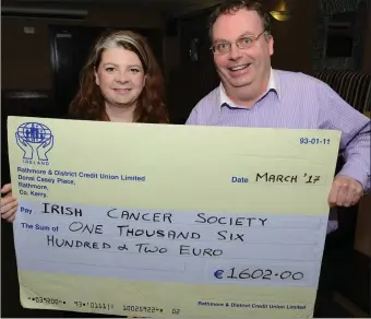  ??  ?? Paudie Herlihy, Ballydesmo­nd presents €1,602 to Nicola McMahon, Munster Co-ordinator, Irish Cancer Society after a fund-raiser marked his 50th birthday. Picture John Tarrant