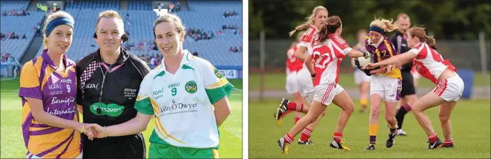  ??  ?? Wexford captain Kellie Kearney with her Offaly counterpar­t, Siobhán Flannery, and referee Michael John O’Keeffe from Cork before the TG4 All-Ireland Junior championsh­ip final of 2013.
Kellie Kearney is outnumbere­d as she battles her way through the Louth defence during the All-Ireland Junior championsh­ip semi-final seven years ago.