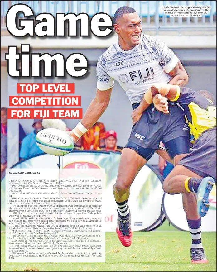  ?? Picture: Jonacani LALAKOBAU ?? Josefa Talacolo is caught during the Fiji national shadow 7s team game at the Marist 7s tournament last month.