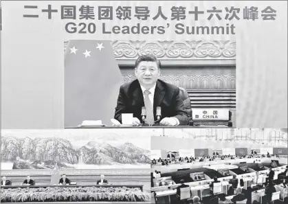  ?? YUE YUEWEI/XINHUA VIA AP ?? In this photo released by China’s Xinhua News Agency, Chinese President Xi Jinping speaks via video link to leaders at the G20 Summit from Beijing, on Sunday.