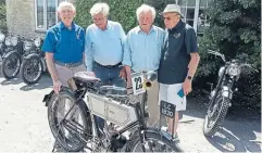  ?? ?? From left: Sammy Miller, Gordon Blakeway, Ron Langston and Don Rickman with Don’s 1903 Ariel. These four remarkable legends of British motorcycle competitio­n have between them clocked up some 350 years.