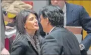  ?? AFP ?? Lonely fight: Nikki Haley with Israeli envoy to UN Danny Danon.