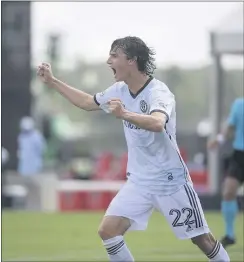  ?? PHELAN M. EBENHACK - THE ASSOCIATED PRESS ?? Union midfielder Brenden Aaronson, celebratin­g a goal by Alejandro Bedoya during a match against New York City FC on July 9, is headed for Europe at the end of the MLS season, with the Union agreeing to terms with Austrian club Red Bull Salzburg on a record fee for an American Homegrown.