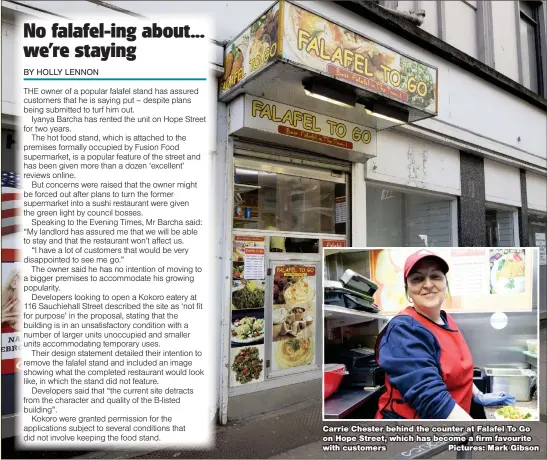  ??  ?? Carrie Chester behind the counter at Falafel To Go on Hope Street, which has become a firm favourite with customers Pictures: Mark Gibson