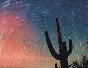  ??  ?? A time-exposure photo captures a meteor from the Leonids meteor shower, visible as a diagonal streak, in Tucson, Ariz. JAMES S. WOOD/AP