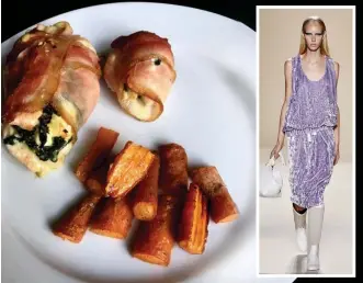  ??  ?? Protein feast: Jessie Bloemendaa­l, whose appearance on the catwalk, right, drew particular criticism, shared a picture of her low-carb stuffed chicken with carrots