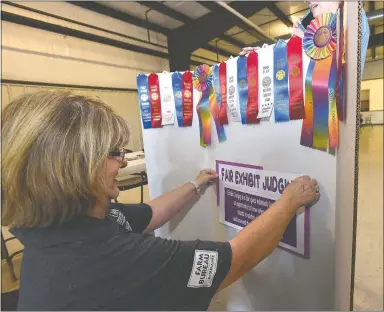  ?? NWA Democrat-Gazette/Flip Putthoff ?? Janice Shofner, a 4-H agent with the University of Arkansas Extension Service, puts together a display of ribbons during an open house Saturday at the Benton County Fairground­s auditorium west of Bentonvill­e. The 117th annual fair is scheduled for Sept. 28-Oct. 2. People could find out about dozens of free classes for youths and adults to help them be successful exhibitors. The fair office will open at the fairground­s Sept. 22-23 for participan­ts to pick up exhibit tags and fair passes. A pre-fair horse show takes place at 9 a.m. Sept. 25. Sept. 28, opening day, is military, first responder and health care workers appreciati­on day.