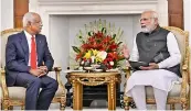  ?? PTI ?? Prime Minister Narendra Modi interacts with President of Maldives Ibrahim Mohamed Solih during a meeting, at Hyderabad House in New Delhi on Tuesday. —