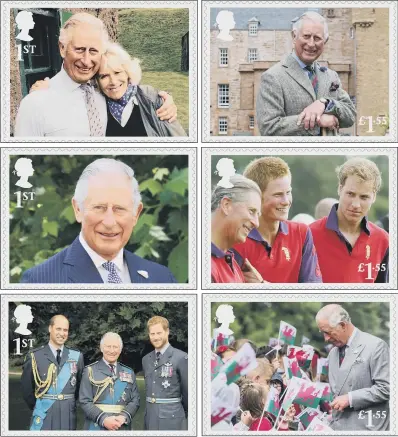  ??  ?? The six stamps released to celebrate the 70th birthday of the Prince of Wales..