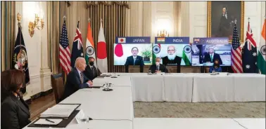  ??  ?? BUBBLE REMOVES REALITY
US President Joe Biden attends the first Quad Summit virtually with Prime Minister Narendra Modi, Japanese Prime Minister Yoshihide Suga and Australian Prime Minister Scott Morrison, in Washington DC on Friday. ANI