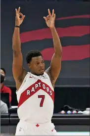  ?? CHRIS O’MEARA — THE ASSOCIATED PRESS ?? Toronto Raptors guard Kyle Lowry (7) celebrates a threepoint basket during the second half of an NBA basketball game against the Denver Nuggets Wednesday, March 24, 2021, in Tampa, Fla.