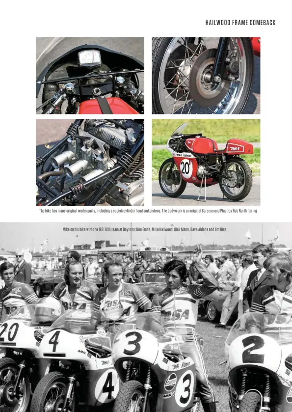  ??  ?? The bike has many original works parts, including a squish cylinder head and pistons. The bodywork is an original Screens and Plastics Rob North fairing
Mike on his bike with the 1971 BSA team at Daytona: Don Emde, Mike Hailwood, Dick Mann, Dave Aldana and Jim Rice