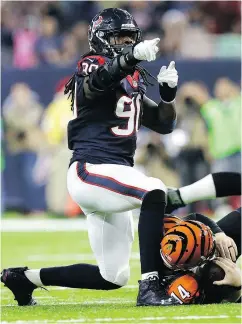  ?? SAM CRAFT / THE ASSOCIATED PRESS FILES ?? Houston Texans defensive end Jadeveon Clowney has come on as a dominant backfield disrupter.