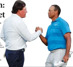  ?? Lynne Sladky ?? “I bet you think this is the easiest $9M you will ever make,” Phil Mickelson, left, said to Tiger Woods on Twitter after the confirmati­on of the one-onone event scheduled for Nov. 23 at Shadow Creek in North Las Vegas.The Associated Press file