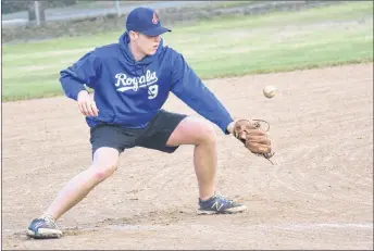  ?? KEVIN ADSHADE/THE NEWS ?? Brandon Heighton reacts to a bad hop during a Pictou County Royals practice this week.