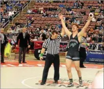  ?? BILL RUDICK/FOR DIGITAL FIRST MEDIA ?? Pennridge’s Josh Stillings celebrates his state championsh­ip victory Saturday night