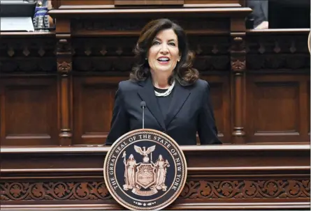  ?? AP PHOTO/HANS PENNINK ?? New York Gov. Kathy Hochul delivers her State of the State address in the Assembly Chamber at the state Capitol, Tuesday, Jan. 10, 2023, in Albany, N.Y.