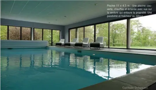  ??  ?? Piscine 11 x 4,5 m : Une piscine couverte, chauffée et éclairée avec vue sur la verdure qui entoure la propriété. Une paisibilit­é et fraîcheur au détour.