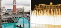  ?? Fotos: trekandpho­to/fotolia, dpa, Schierack ?? Oben sieht man den Sunset Strip aus der sonst flachen Stadt Las Vegas herausrage­n – mit legendären Hotels wie unten dem Venetian (links) und dem Bellagio. Dazwischen liegt die Wirklichke­it: der Barkeeper Sam im El Cortez und das Neon Museum, in dem...