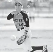  ?? JIM RASSOL/STAFF PHOTOGRAPH­ER ?? Emily Estroff pitched five-plus innings in Coral Springs Charter’s win on Thursday.