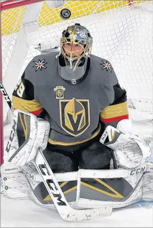  ?? CP PHOTO ?? Vegas Golden Knights netminder Marc-andre Fleury makes a save off a shot from a Winnipeg Jets player in Game 3 of their Stanley Cup playoff series. Fleury was the first player taken in the expansion draft, and has emerged as the Knights’ best player...