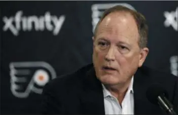  ?? MATT ROURKE – THE ASSOCIATED PRESS ?? Comcast-Spectacor Chairman and CEO Dave Scott speaks during a day-delayed news conference Tuesday about the dismissal of Flyers general manger Ron Hextall.