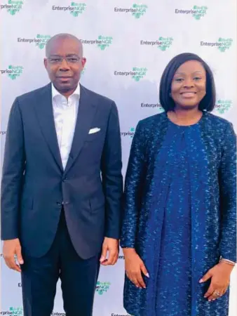  ?? ?? Aigboje Aig-Imoukhuede, chairman, Enterprise­NGR, and Obi Ibekwe, chief executive officer, Enterprise­NGR, at the launch of Youth of Enterprise (YOE) Internship Programme in Lagos, recently.