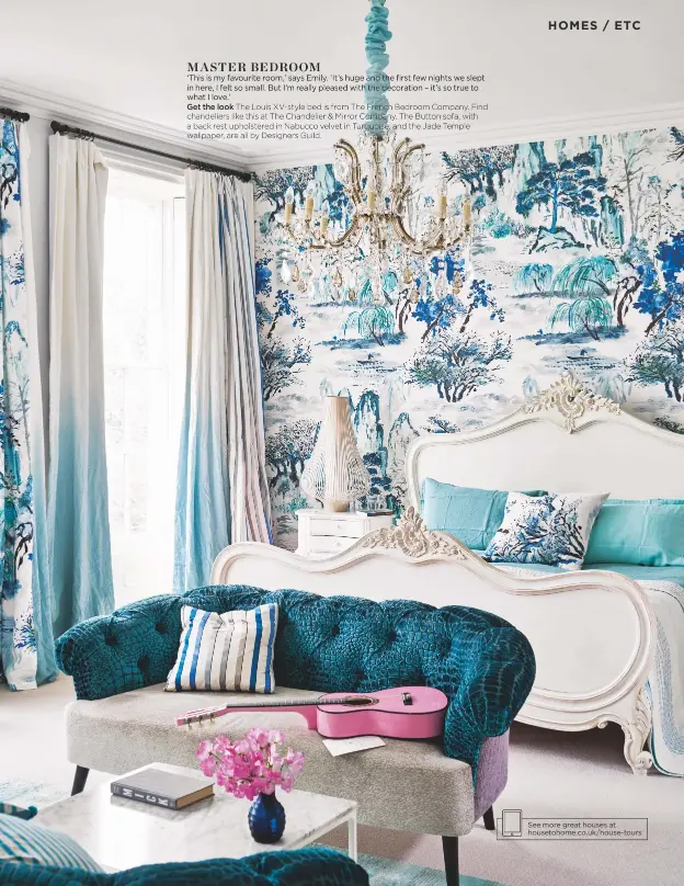  ??  ?? master bedroom
‘This is my favourite room,’ says Emily. ‘It’s huge and the first few nights we slept in here, I felt so small. But I’m really pleased with the decoration – it’s so true to what I love.’
Get the look the louis Xv-style bed is from the...