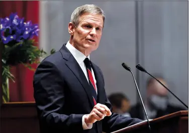  ?? (File Photo/AP/Mark Zaleski) ?? Tennessee Gov. Bill Lee delivers his State of the State address Jan. 31 in the House Chamber of the Capitol building in Nashville, Tenn. Stories circulatin­g online incorrectl­y claim newly signed legislatio­n in Tennessee “banned Plan B and made it a crime punishable by a $50,000 fine to order it.”