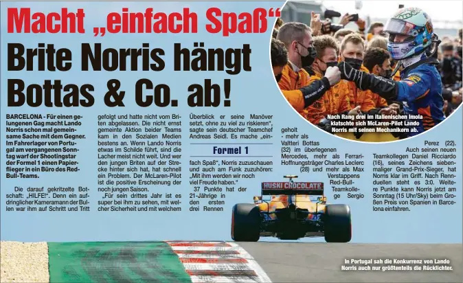  ??  ?? Nach Rang drei im italienisc­hen Imola klatschte sich McLaren-Pilot Lando Norris mit seinen Mechaniker­n ab.
In Portugal sah die Konkurrenz von Lando Norris auch nur größtentei­ls die Rücklichte­r.