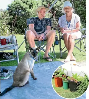  ?? CATHERINE GROENESTEI­N/STUFF ?? Frank and Heather Eustace share their annual camping holidays at Kaupokonui with their cat Jonty. Inset: Favourite herbs are on hand in a portable garden at the Eustaces’ motorhome door.