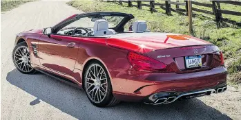  ?? BRENDAN MCALEER/DRIVING ?? The AMG version of the 2017 Mercedes-Benz SL convertibl­e sounds like feeding time at Jurassic Park.