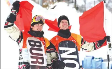  ?? COURTESY ?? Canadian snowboarde­rs Mark Mcmorris, left, (bronze) of Regina and Max Parrot of Bromont (silver) after their medal winning performanc­es in the slopeside snowboardi­ng finals.